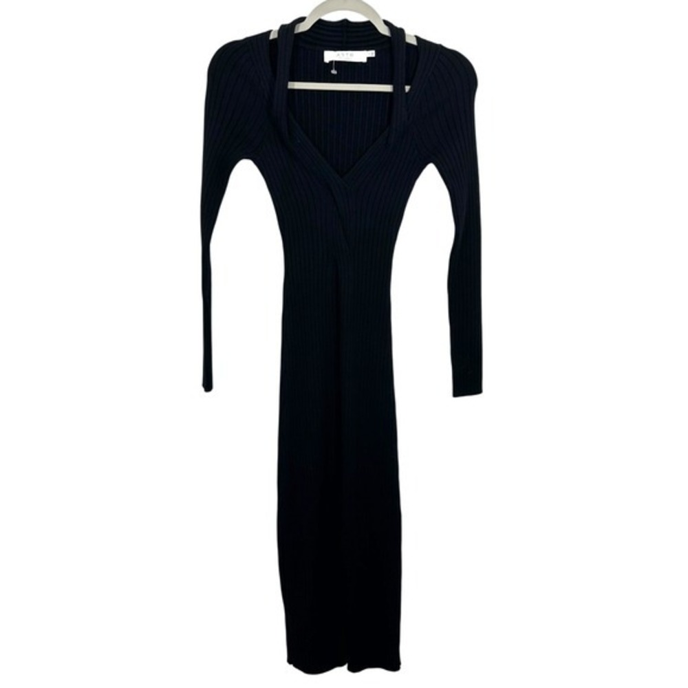 ASTR The Label Black Ribbed Knit Deep V Neck Plunge Midi Dress Size S Bodycon